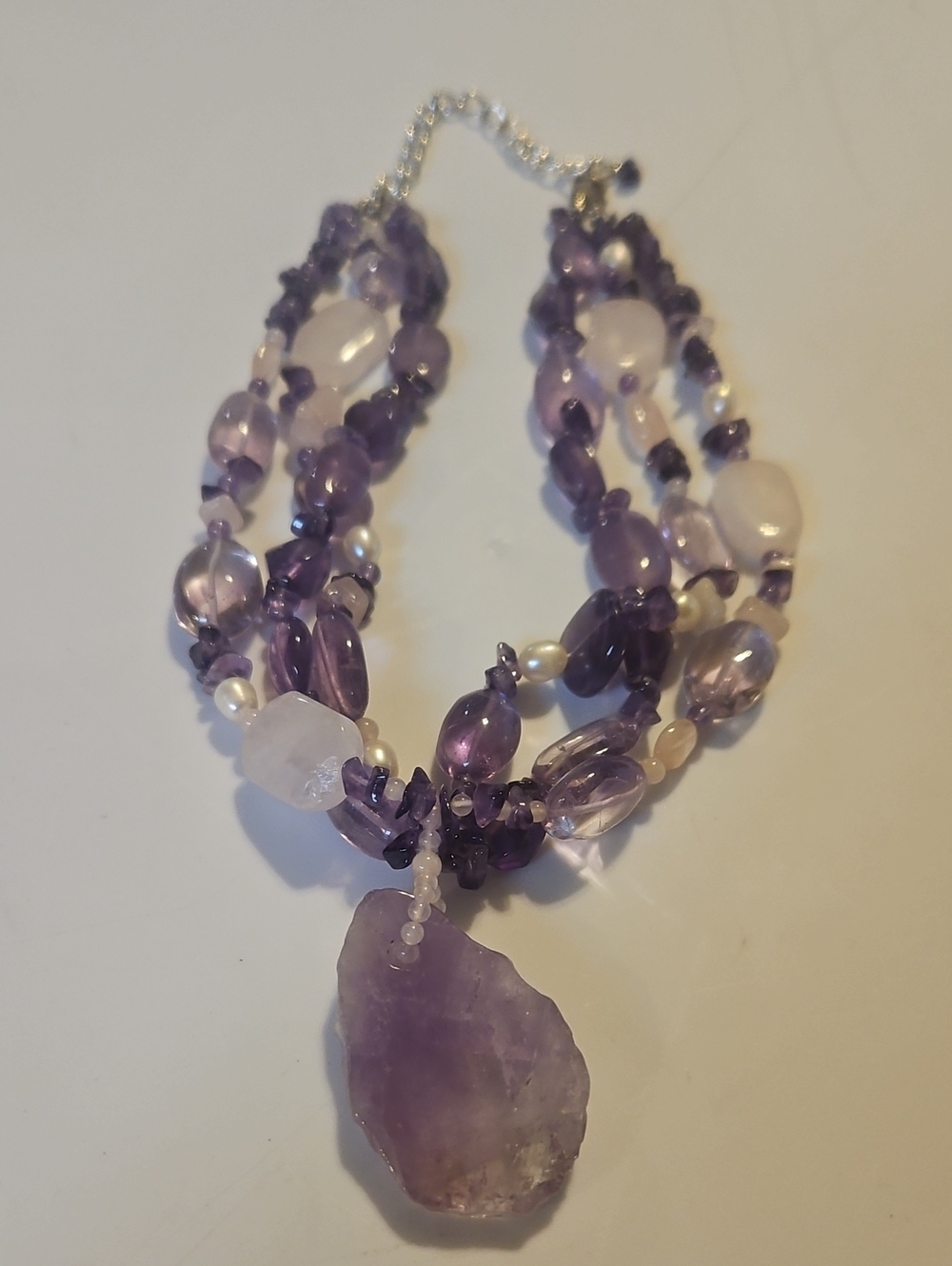Multi-Strand Amethyst Bead Necklace with Raw Amethyst Pendant